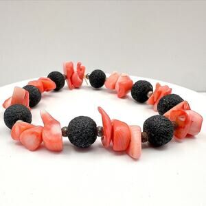 Vintage 90s Pink Coral & Black Lava Rock Beaded Stretch Bracelet Boho Statement